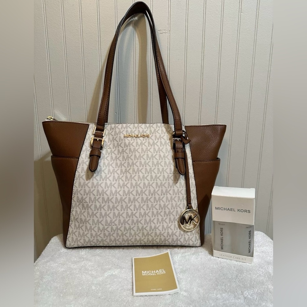 Michael Kors Signature Brown and Cream Tote with Gold Accents